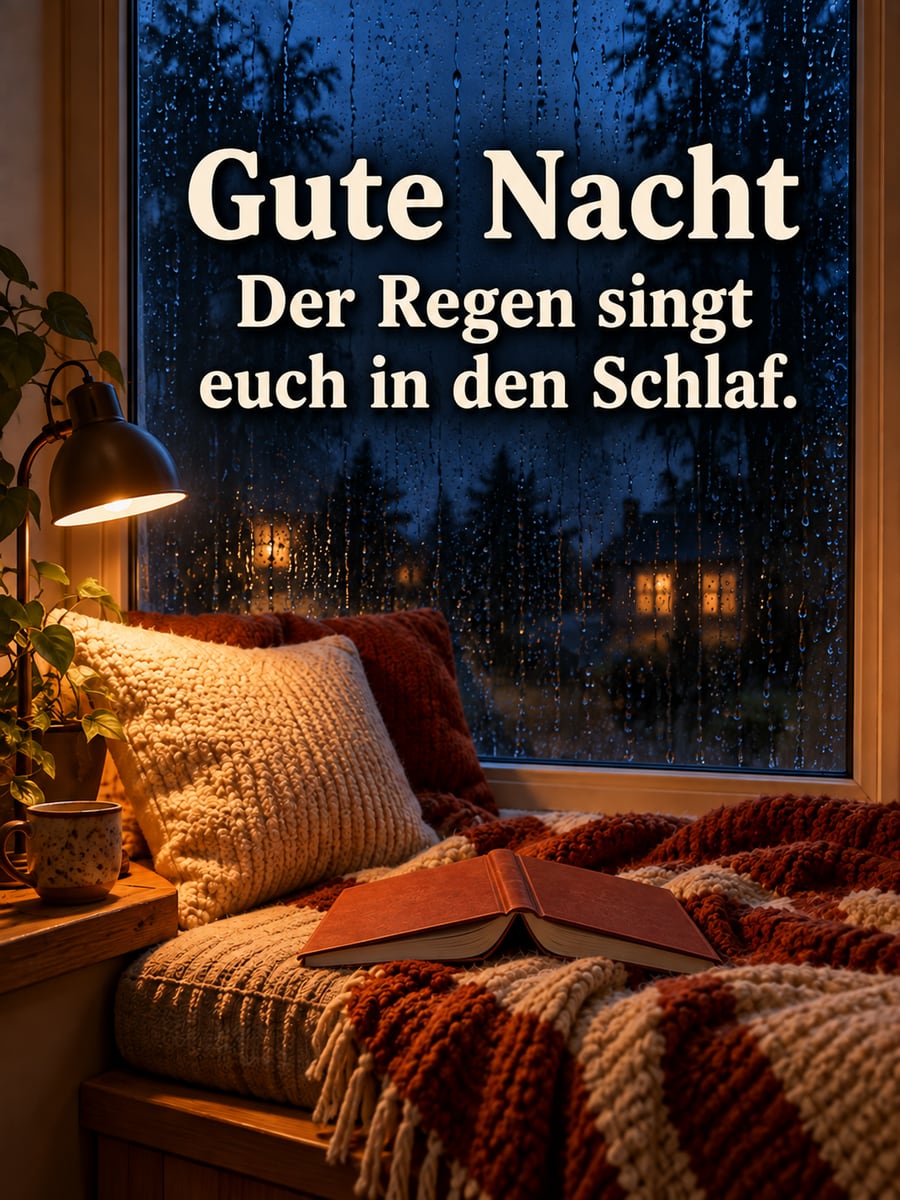 Gute-Nacht-Bild mit dem Text „Gute Nacht“ und „Der Regen singt euch in den Schlaf.“ – Motiv: Regen, Fenster, Leselampe, Decke