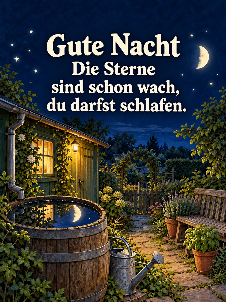 Gute-Nacht-Bild mit dem Text „Gute Nacht“ und „Die Sterne sind schon wach, du darfst schlafen.“ – Motiv: Schrebergarten, Regentonne, Halbmond, Sterne
