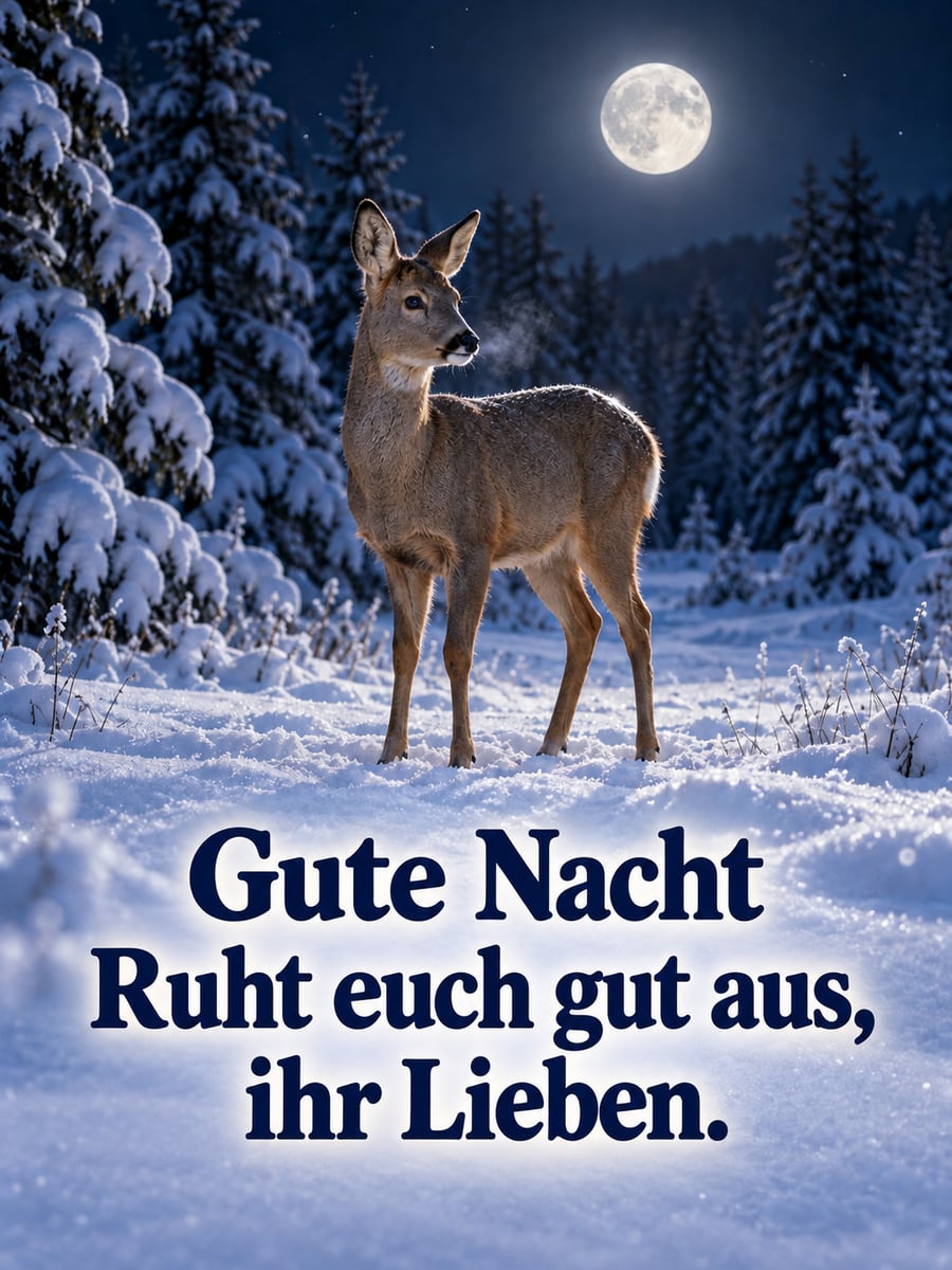 Gute-Nacht-Bild mit dem Text „Gute Nacht“ und „Ruht euch gut aus, ihr Lieben.“ – Motiv: Reh, Schnee, Vollmond, Waldrand