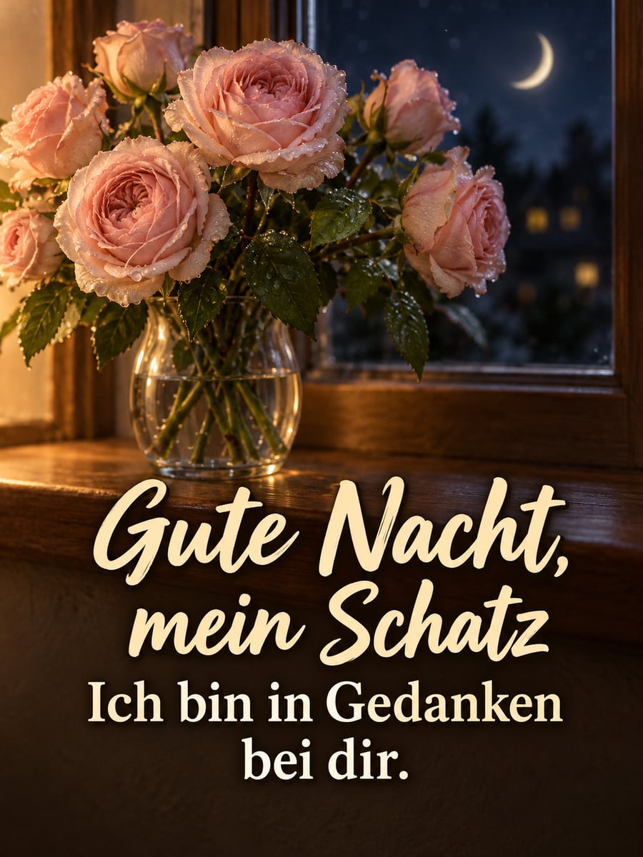 Gute-Nacht-Bild mit dem Text „Gute Nacht, mein Schatz“ und „Ich bin in Gedanken bei dir.“ – Motiv: Rosen, Fensterbank, Mondsichel, Mein Schatz