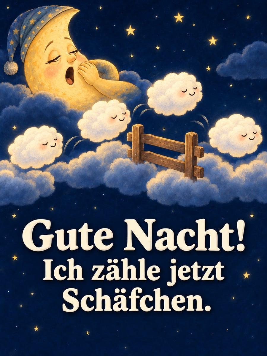 Gute-Nacht-Bild mit dem Text „Gute Nacht!“ und „Ich zähle jetzt Schäfchen.“ – Motiv: Mond, Schäfchenwolken, Zaun