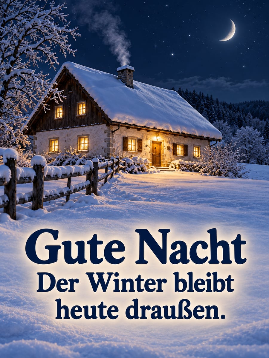 Gute-Nacht-Bild mit dem Text „Gute Nacht“ und „Der Winter bleibt heute draußen.“ – Motiv: Bauernhaus, Schnee, Fenster, Mondsichel