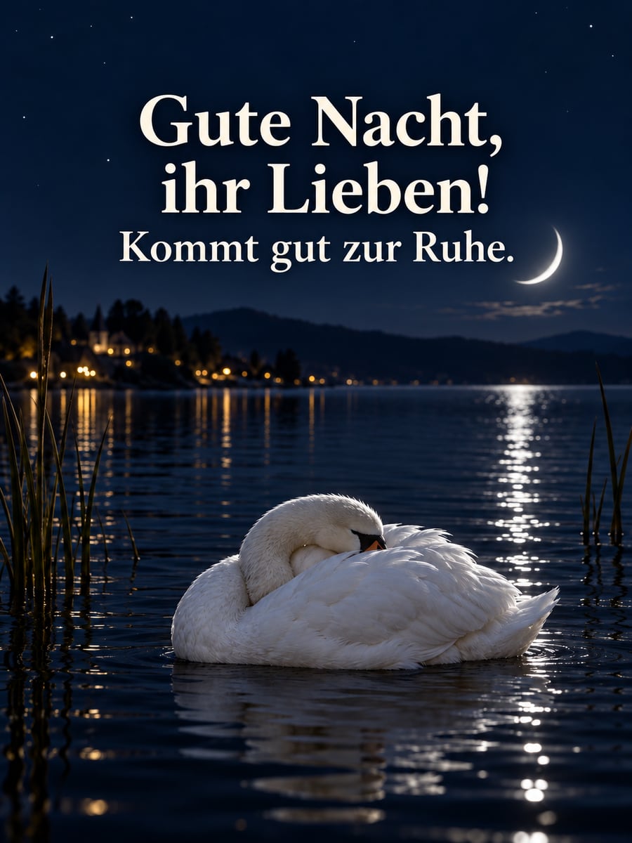 Gute-Nacht-Bild mit dem Text „Gute Nacht, ihr Lieben!“ und „Kommt gut zur Ruhe.“ – Motiv: Schwan, Teich, Mondsichel