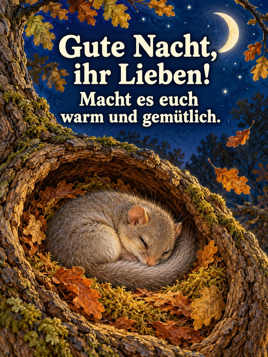 Gute-Nacht-Bild mit dem Text „Gute Nacht, ihr Lieben!“ und „Macht es euch warm und gemütlich.“ – Motiv: Siebenschläfer, Baumhöhle, Herbstlaub, Mondsichel