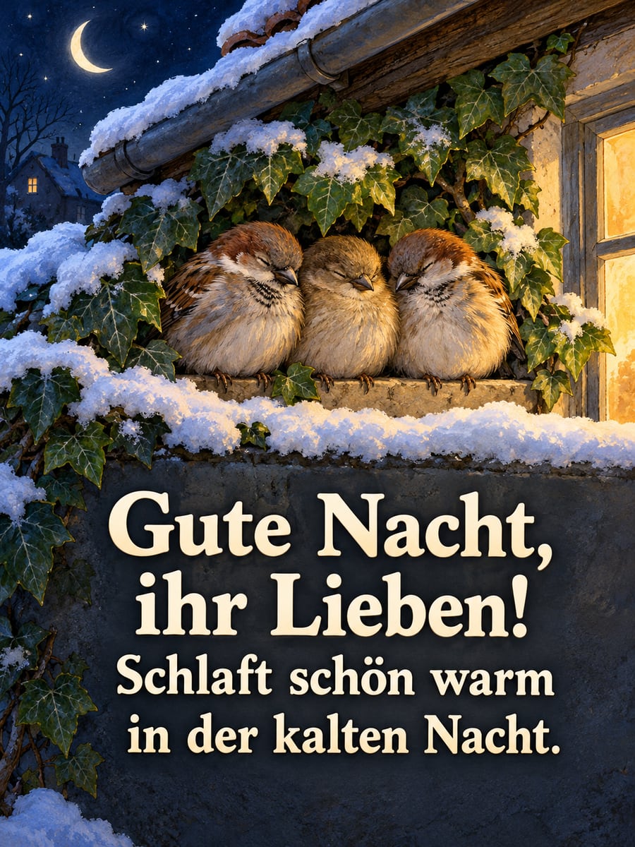 Gute-Nacht-Bild mit dem Text „Gute Nacht, ihr Lieben!“ und „Schlaft schön warm in der kalten Nacht.“ – Motiv: Spatzen, Efeu, Schnee, Mondsichel
