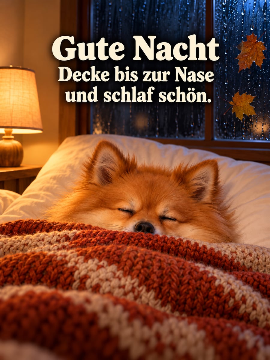 Gute-Nacht-Bild mit dem Text „Gute Nacht“ und „Decke bis zur Nase und schlaf schön.“ – Motiv: Spitz, Hund, Decke, Regen