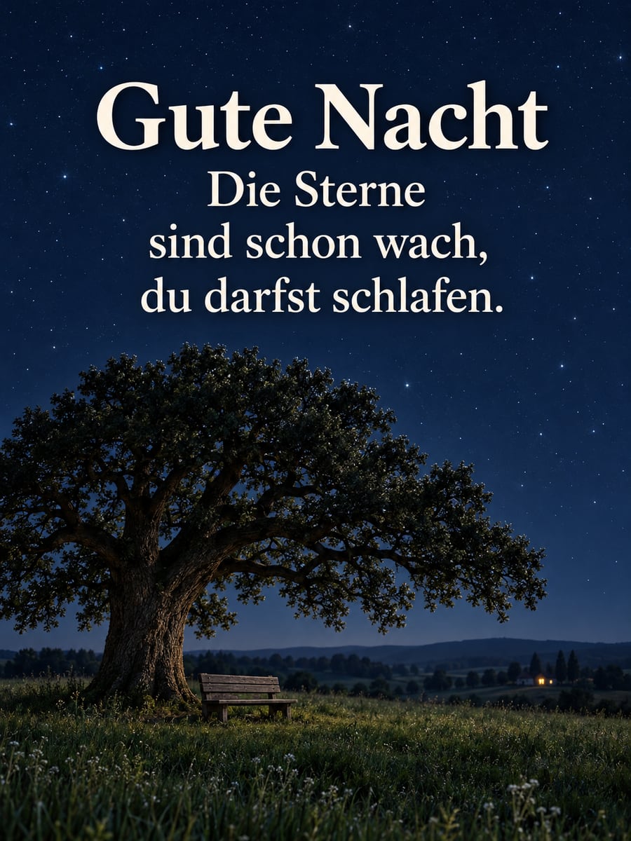 Gute-Nacht-Bild mit dem Text „Gute Nacht“ und „Die Sterne sind schon wach, du darfst schlafen.“ – Motiv: Sternenhimmel, Eiche, Bank
