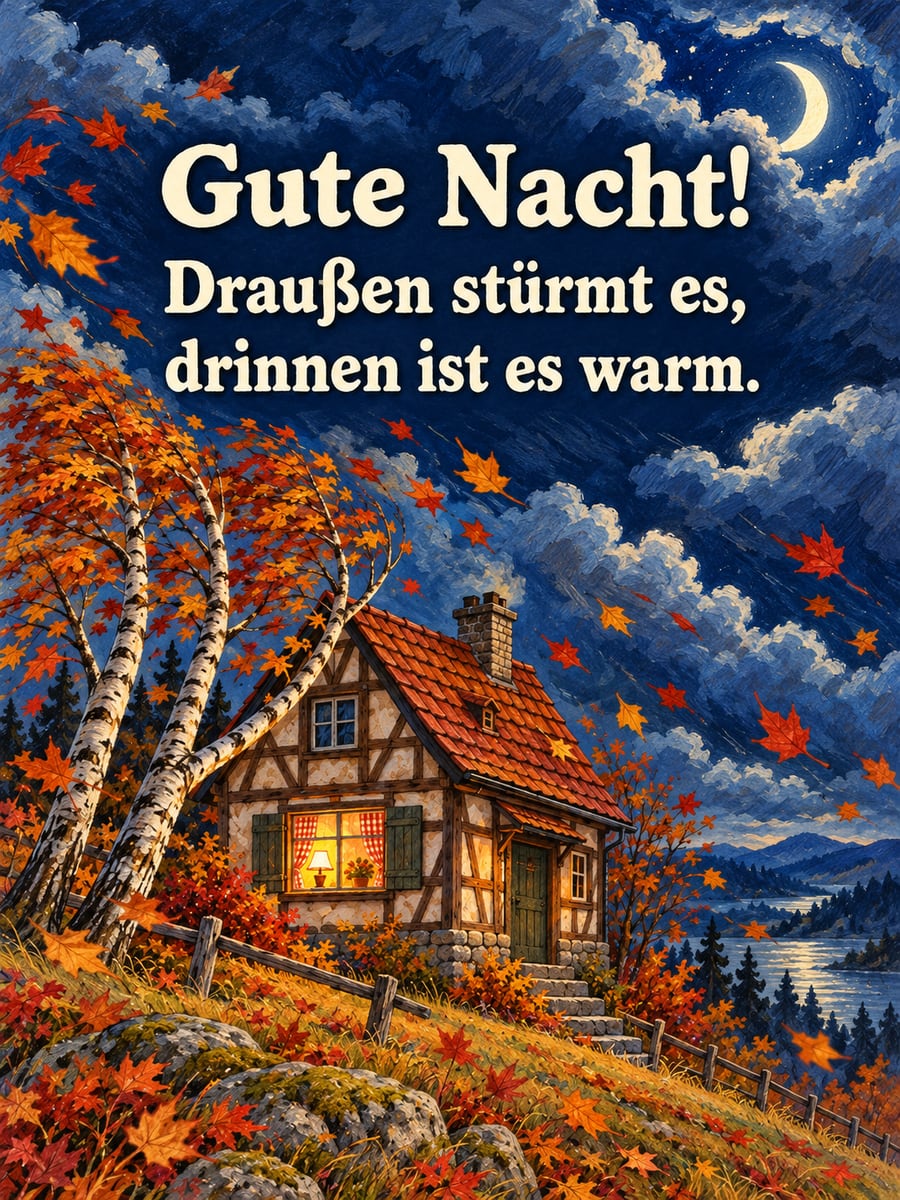 Gute-Nacht-Bild mit dem Text „Gute Nacht!“ und „Draußen stürmt es, drinnen ist es warm.“ – Motiv: Herbststurm, Fachwerkhaus, Fenster, Mondsichel