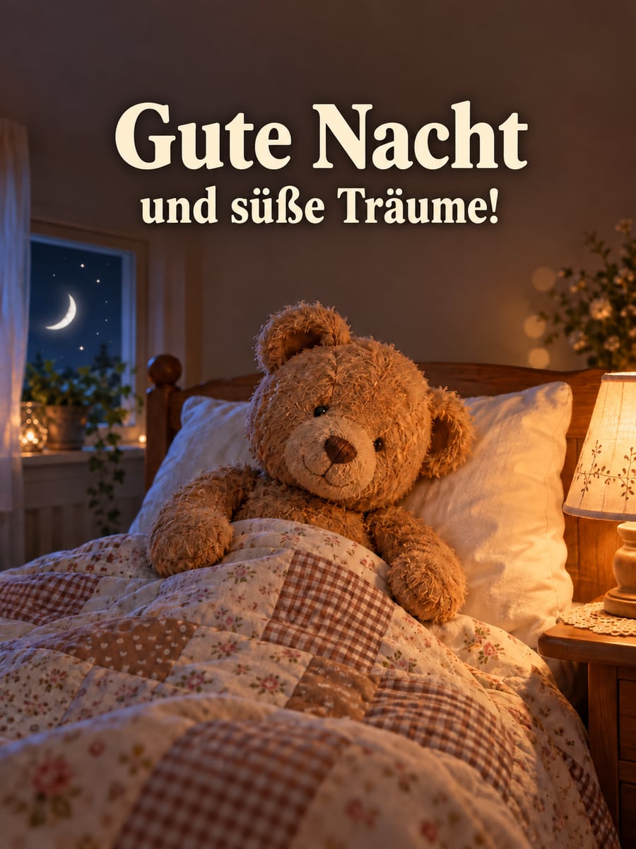 Gute-Nacht-Bild mit dem Text „Gute Nacht und süße Träume!“ – Motiv: Teddy, Bett, Nachtlicht