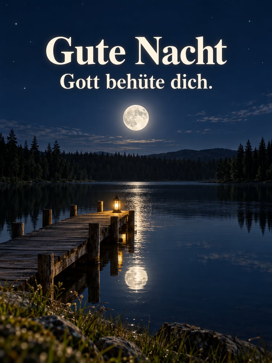 Gute-Nacht-Bild mit dem Text „Gute Nacht“ und „Gott behüte dich.“ – Motiv: Vollmond, See, Tannen, Steg, Laterne