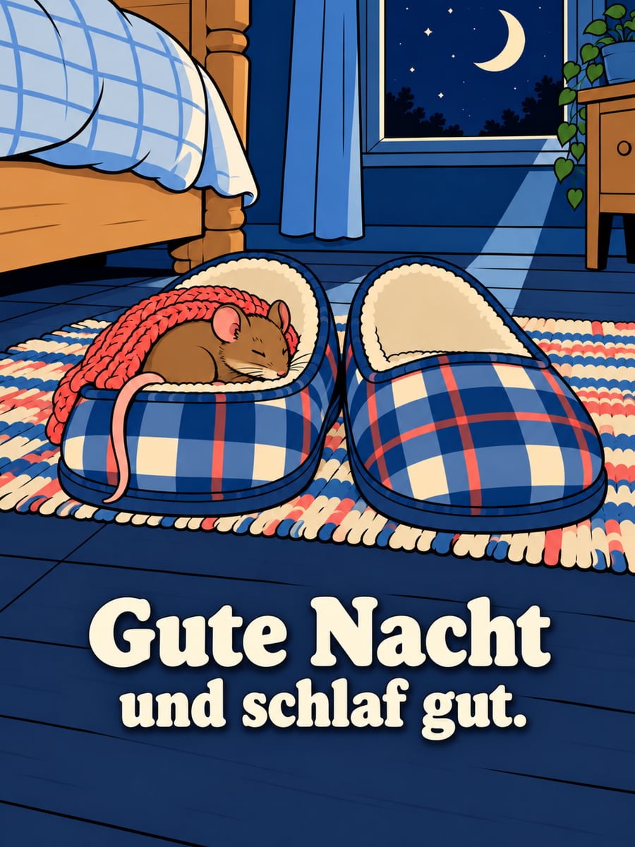 Gute-Nacht-Bild mit dem Text „Gute Nacht und schlaf gut.“ – Motiv: Waldmaus, Hausschuh, Mondlicht