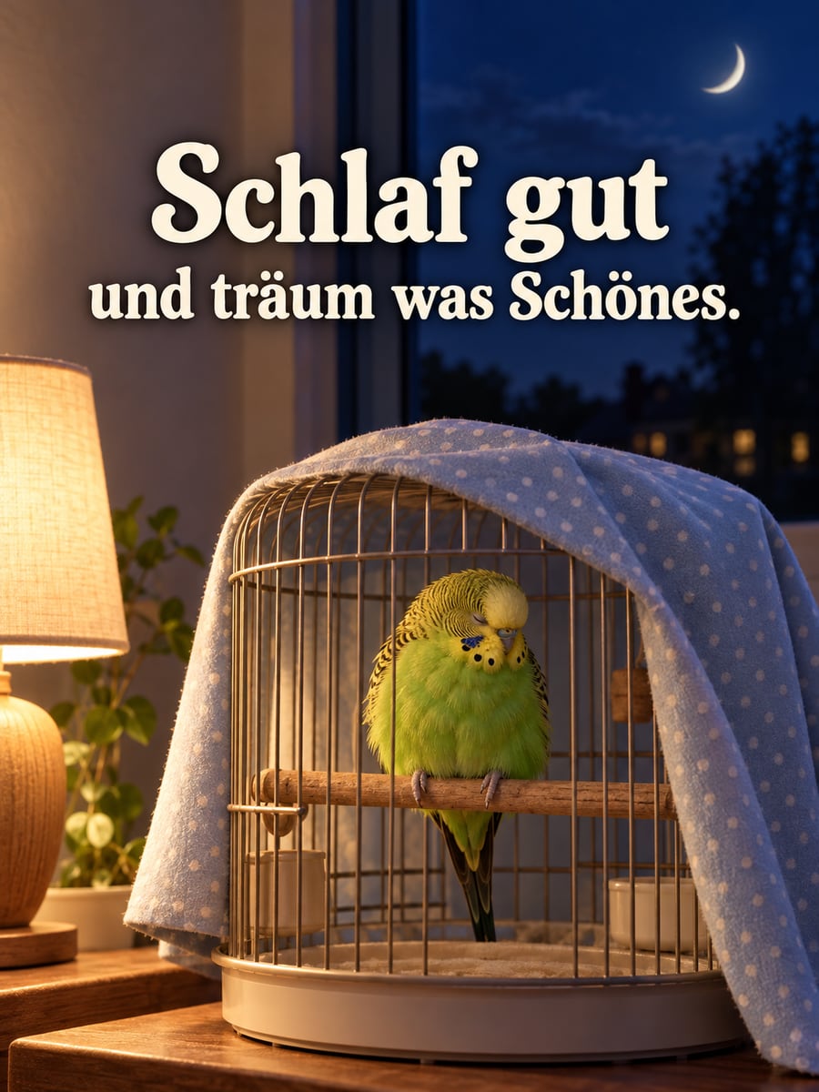 Gute-Nacht-Bild mit dem Text „Schlaf gut und träum was Schönes.“ – Motiv: Wellensittich, Käfig, Tuch, Mondsichel