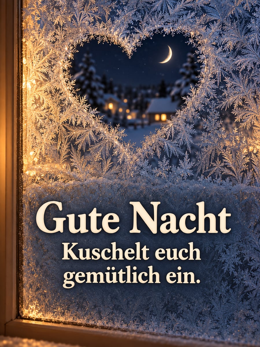 Gute-Nacht-Bild mit dem Text „Gute Nacht“ und „Kuschelt euch gemütlich ein.“ – Motiv: Eisblumen, Herz, Fenster, Winter