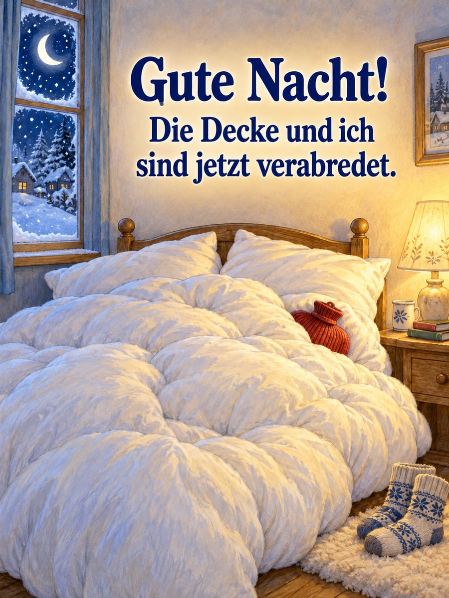 Gute-Nacht-Bild mit dem Text „Gute Nacht!“ und „Die Decke und ich sind jetzt verabredet.“ – Motiv: Federbett, Wärmflasche, Wollsocken, Winter