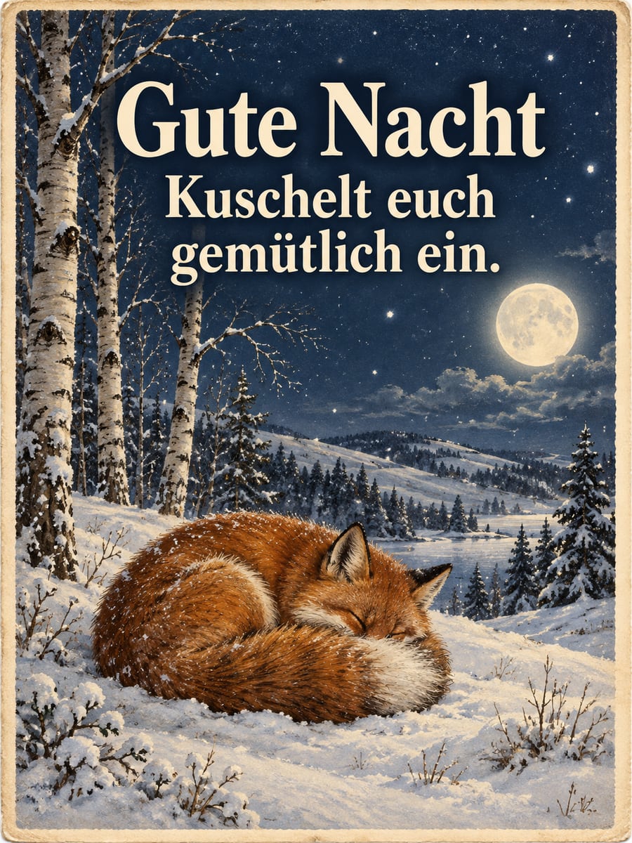 Gute-Nacht-Bild mit dem Text „Gute Nacht“ und „Kuschelt euch gemütlich ein.“ – Motiv: Fuchs, Schnee, Vollmond, Birken