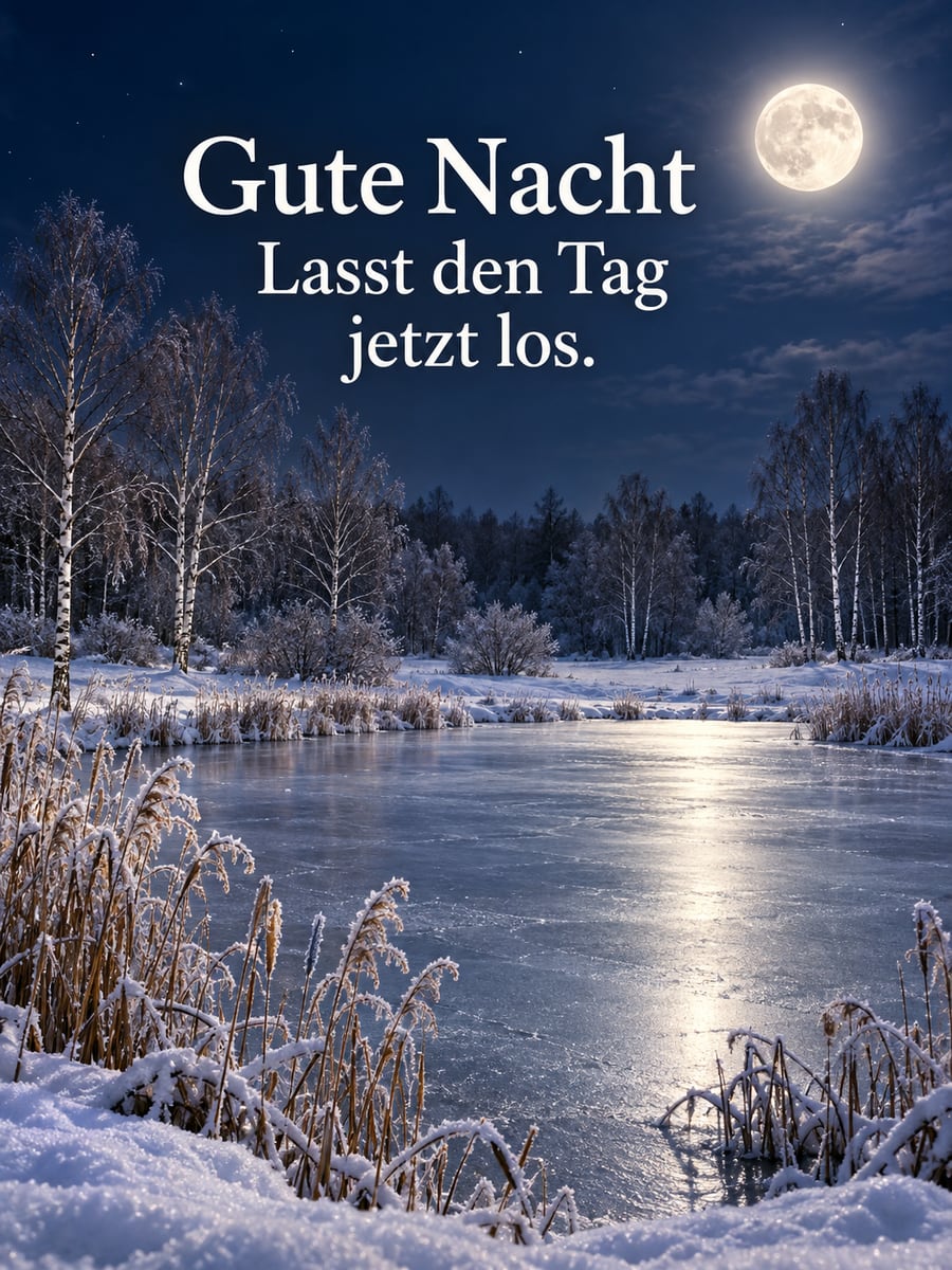 Gute-Nacht-Bild mit dem Text „Gute Nacht“ und „Lasst den Tag jetzt los.“ – Motiv: Vollmond, Teich, Schnee, Birken