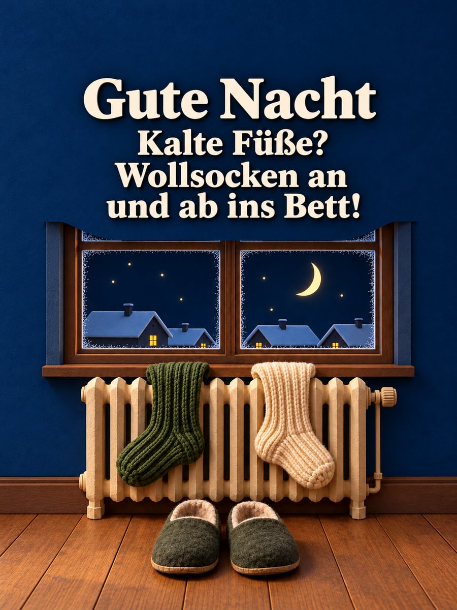 Gute-Nacht-Bild mit dem Text „Gute Nacht“ und „Kalte Füße? Wollsocken an und ab ins Bett!“ – Motiv: Wollsocken, Heizung, Hausschuhe, Eisblumen