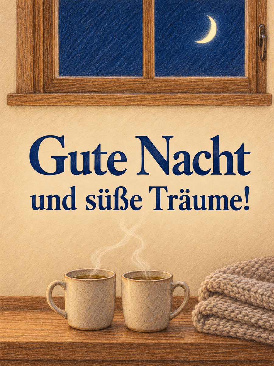 Gute-Nacht-Bild mit dem Text „Gute Nacht und süße Träume!“ – Motiv: Kräutertee, Tassen, Fensterbank, Mondsichel