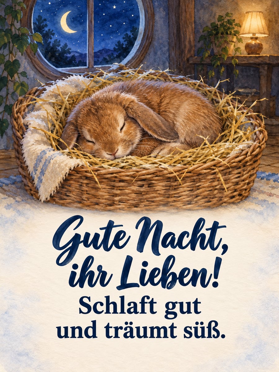Gute-Nacht-Bild mit dem Text „Gute Nacht, ihr Lieben!“ und „Schlaft gut und träumt süß.“ – Motiv: Zwergkaninchen, Heu, Laterne