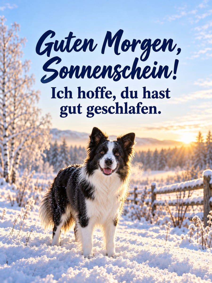 Guten-Morgen-Bild mit dem Text „Guten Morgen, Sonnenschein!“ und „Ich hoffe, du hast gut geschlafen.“ – Motiv: Border Collie, Neuschnee, Birken, Wintermorgen
