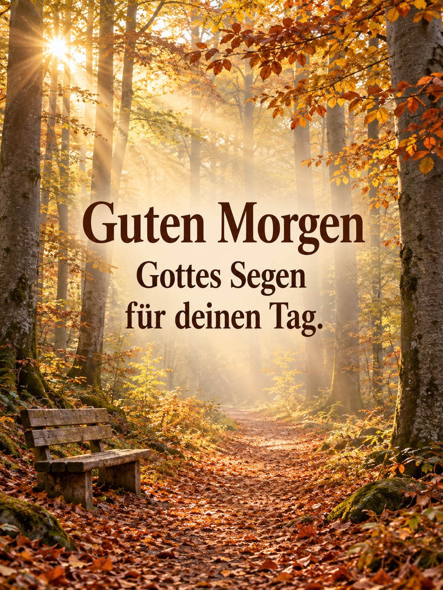 Guten-Morgen-Bild mit dem Text „Guten Morgen“ und „Gottes Segen für deinen Tag.“ – Motiv: Buchenwald, Sonnenstrahlen, Herbstlaub, Waldweg