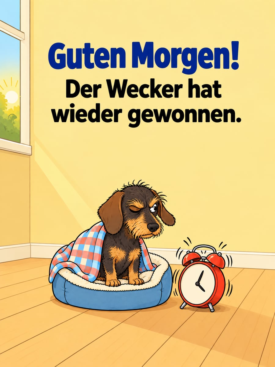 Guten-Morgen-Bild mit dem Text „Guten Morgen!“ und „Der Wecker hat wieder gewonnen.“ – Motiv: Dackel, Wecker, Hundekorb, Decke