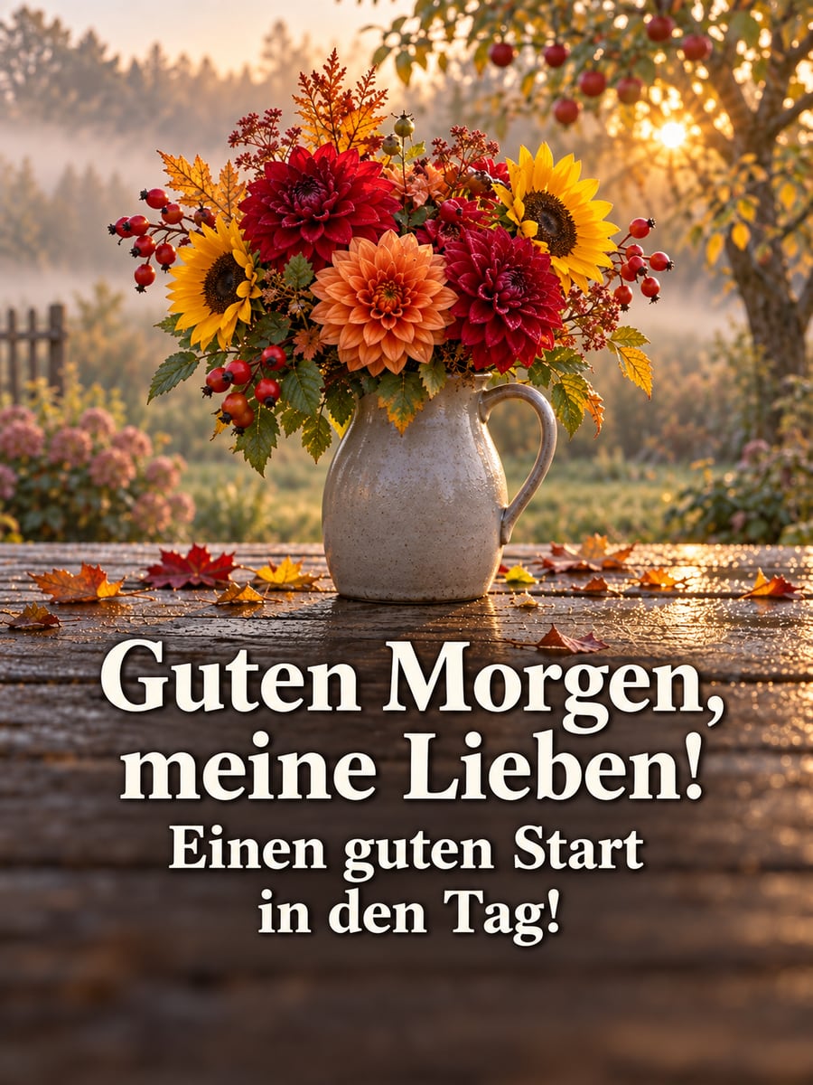 Guten-Morgen-Bild mit dem Text „Guten Morgen, meine Lieben!“ und „Einen guten Start in den Tag!“ – Motiv: Dahlien, Sonnenblumen, Hagebutten, Gartentisch