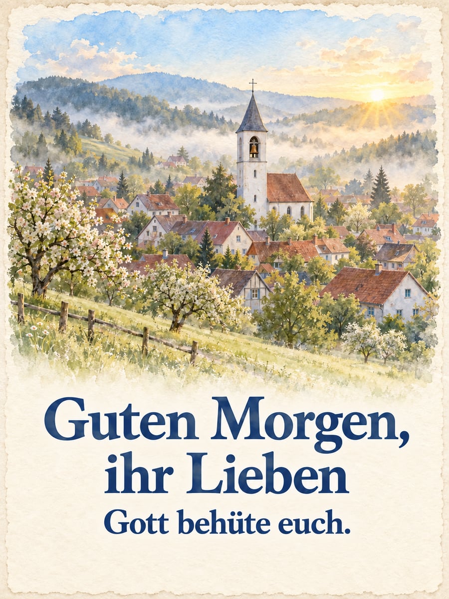 Guten-Morgen-Bild mit dem Text „Guten Morgen, ihr Lieben“ und „Gott behüte euch.“ – Motiv: Dorf, Kirchturm, Glocke, Morgennebel