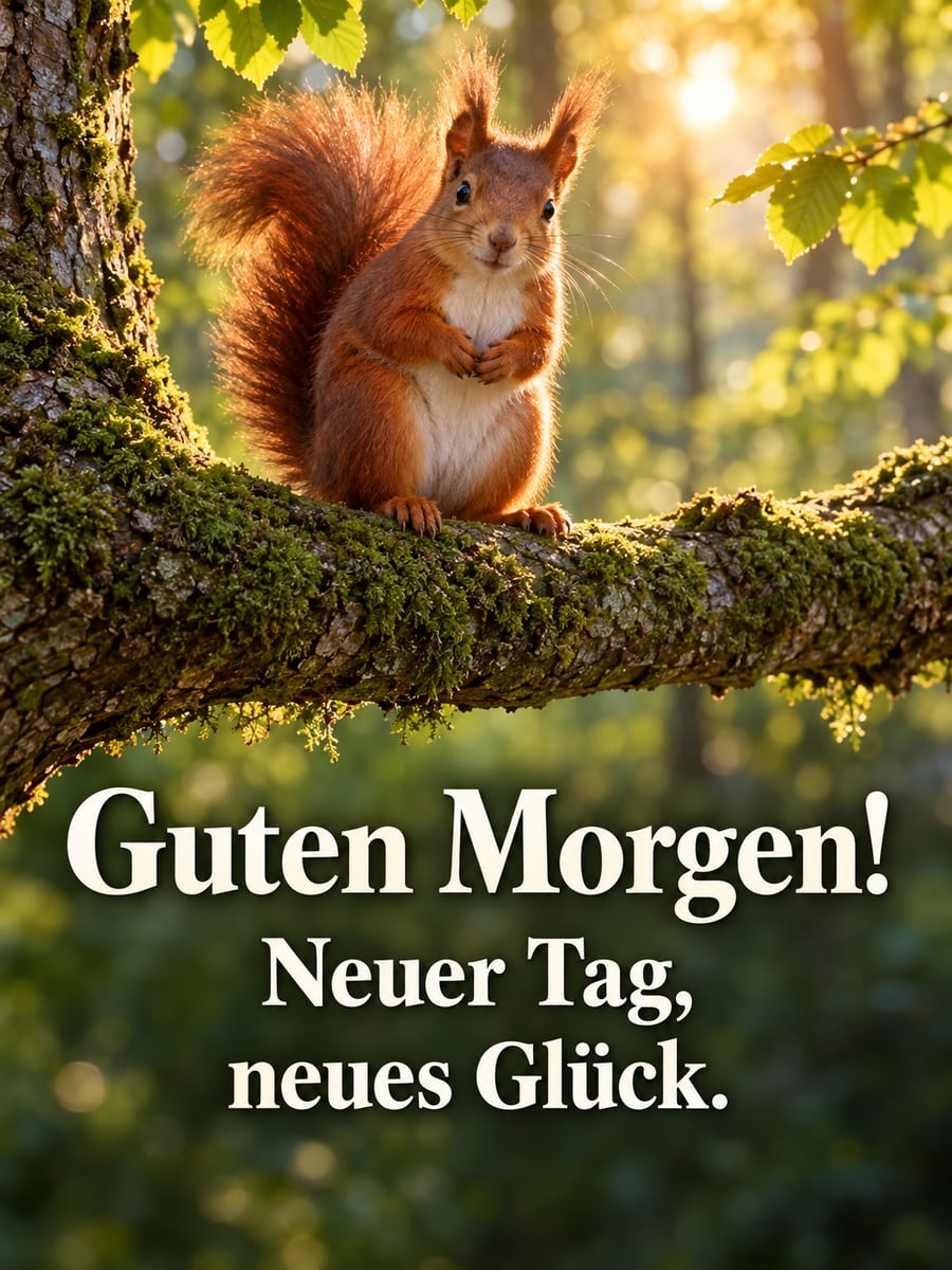 Guten-Morgen-Bild mit dem Text „Guten Morgen!“ und „Neuer Tag, neues Glück.“ – Motiv: Eichhörnchen, Buche, Moos, Morgenlicht