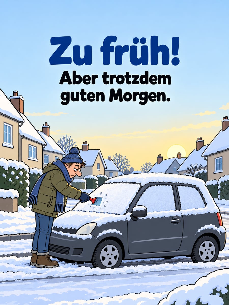 Guten-Morgen-Bild mit dem Text „Zu früh!“ und „Aber trotzdem guten Morgen.“ – Motiv: Eiskratzen, Auto, Winter, Morgenmuffel