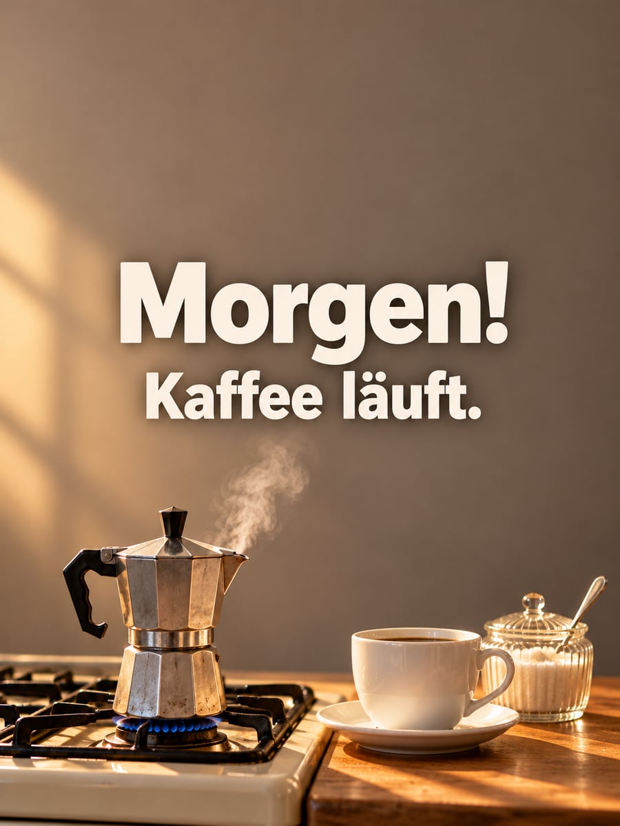 Guten-Morgen-Bild mit dem Text „Morgen!“ und „Kaffee läuft.“ – Motiv: Espressokanne, Herd, Kaffeetasse, Dampf