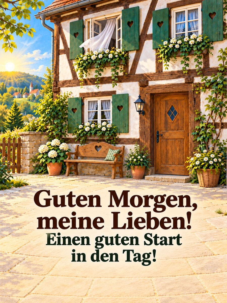 Guten-Morgen-Bild mit dem Text „Guten Morgen, meine Lieben!“ und „Einen guten Start in den Tag!“ – Motiv: Fachwerkhaus, Fensterläden, Herz, Blumenkasten
