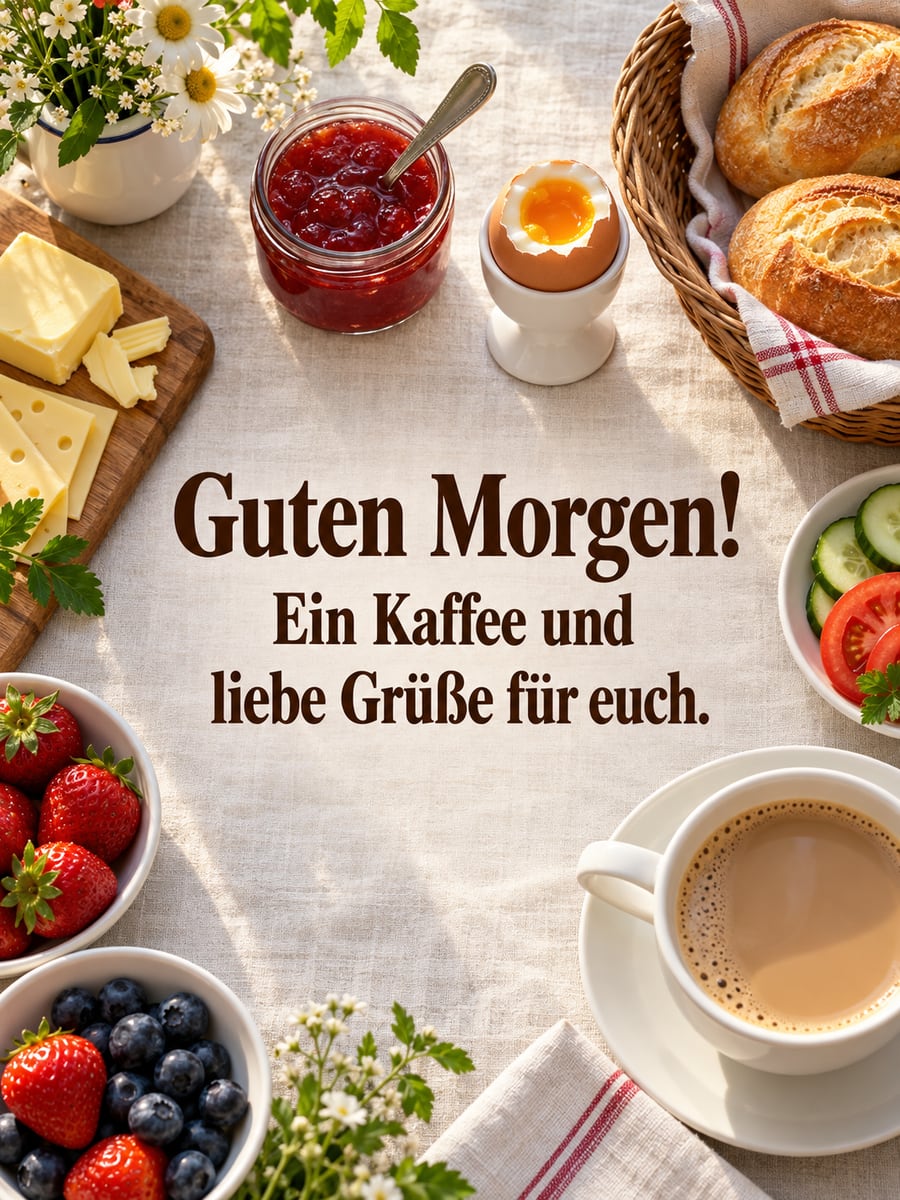 Guten-Morgen-Bild mit dem Text „Guten Morgen!“ und „Ein Kaffee und liebe Grüße für euch.“ – Motiv: Frühstück, Brötchen, Frühstücksei, Marmelade, Kaffee