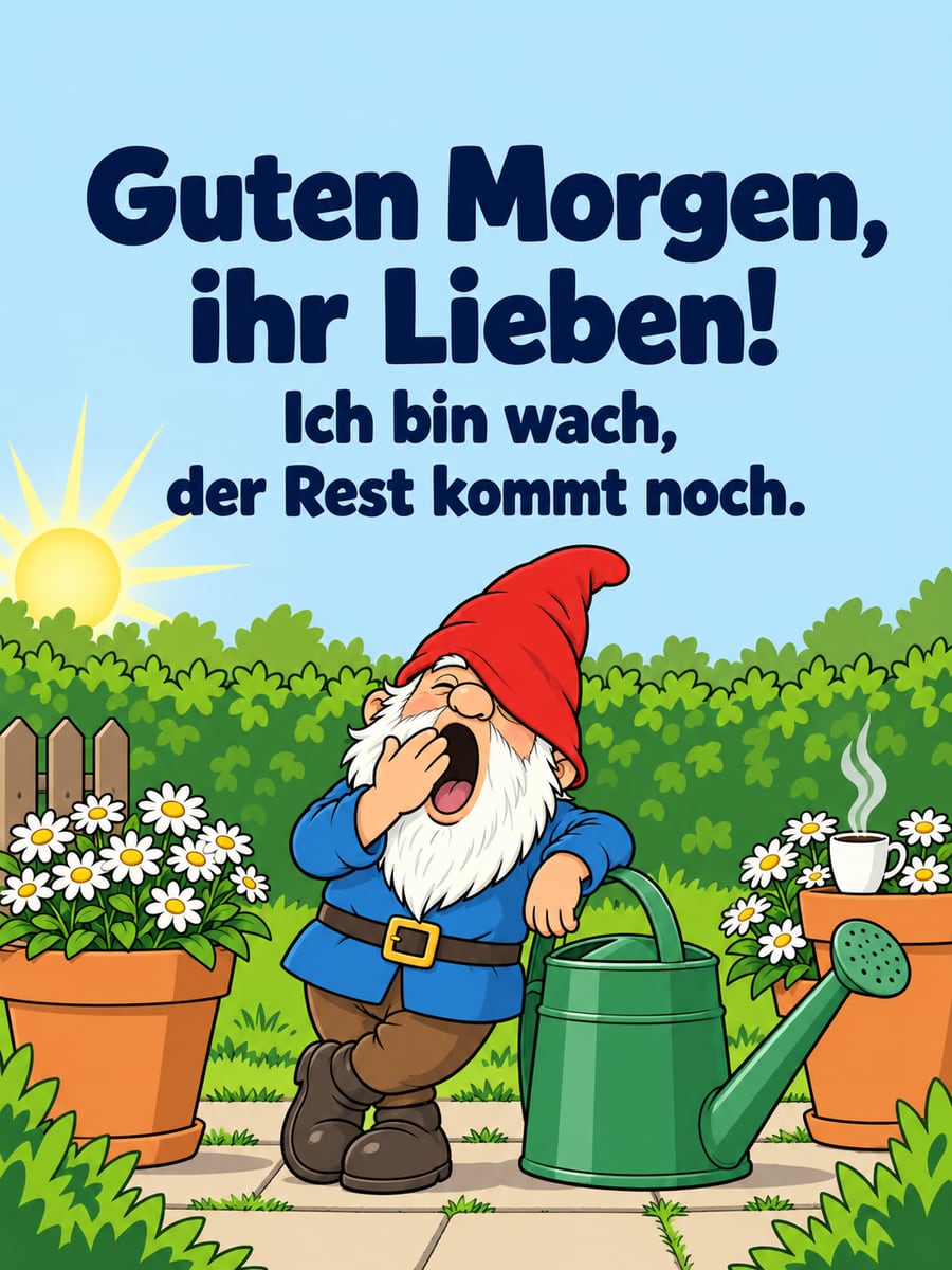 Guten-Morgen-Bild mit dem Text „Guten Morgen, ihr Lieben!“ und „Ich bin wach, der Rest kommt noch.“ – Motiv: Gartenzwerg, Gänseblümchen, Gießkanne, Kaffeetasse