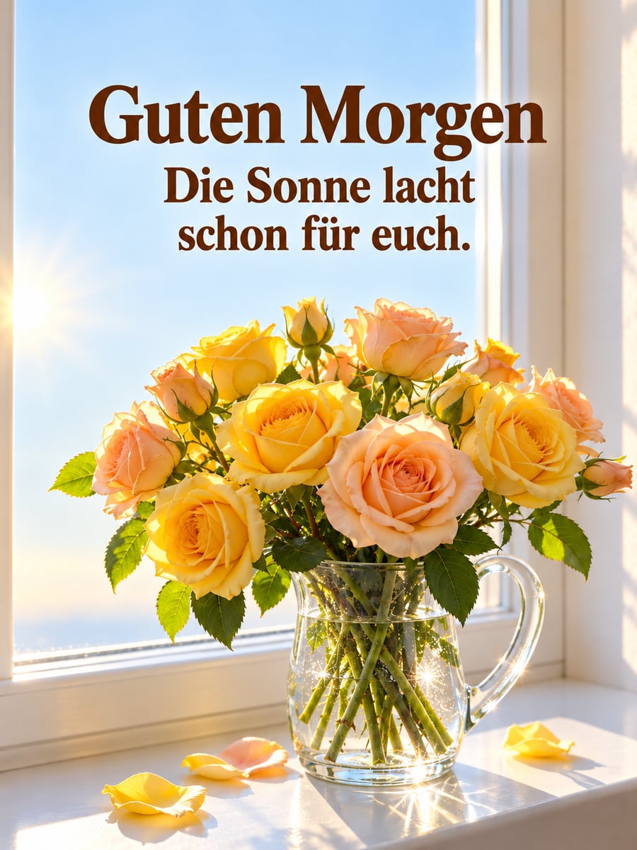 Guten-Morgen-Bild mit dem Text „Guten Morgen“ und „Die Sonne lacht schon für euch.“ – Motiv: Rosen, Glasvase, Fensterbank, Morgensonne