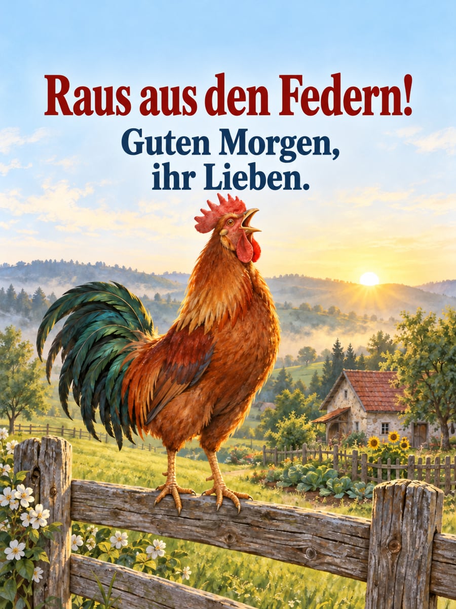 Guten-Morgen-Bild mit dem Text „Raus aus den Federn!“ und „Guten Morgen, ihr Lieben.“ – Motiv: Hahn, Zaun, Bauernhof, Sonnenaufgang
