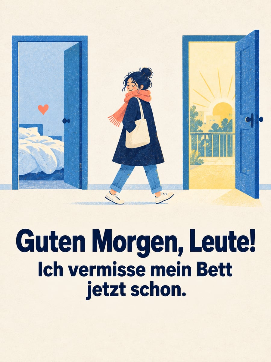 Guten-Morgen-Bild mit dem Text „Guten Morgen, Leute!“ und „Ich vermisse mein Bett jetzt schon.“ – Motiv: Haustür, Flur, Bettdecke, Herz