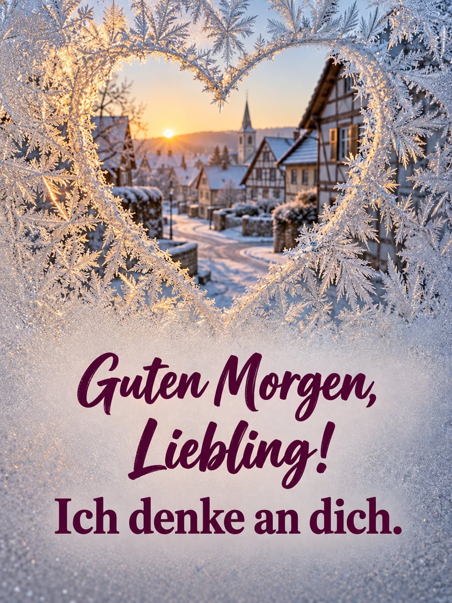 Guten-Morgen-Bild mit dem Text „Guten Morgen, Liebling!“ und „Ich denke an dich.“ – Motiv: Herz, Eisblumen, Fenster, Fachwerk, Wintermorgen