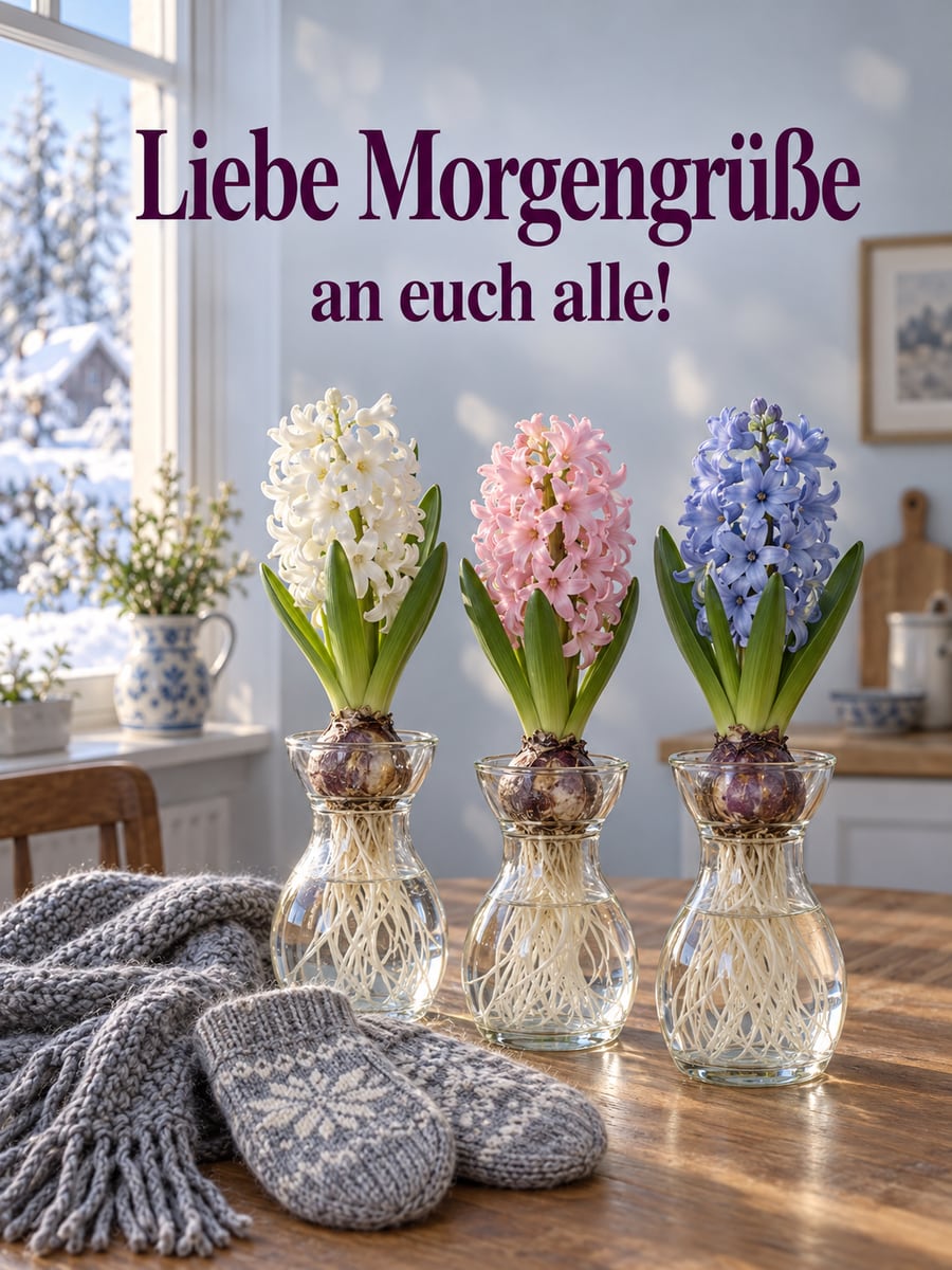 Guten-Morgen-Bild mit dem Text „Liebe Morgengrüße an euch alle!“ – Motiv: Hyazinthen, Hyazinthengläser, Winterlicht, Wollschal