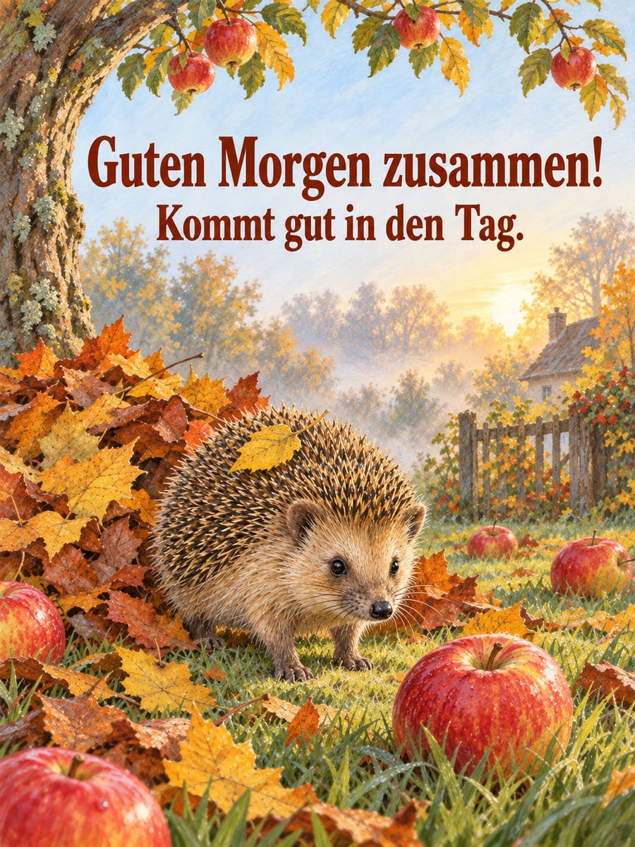 Guten-Morgen-Bild mit dem Text „Guten Morgen zusammen!“ und „Kommt gut in den Tag.“ – Motiv: Igel, Äpfel, Herbstlaub, Apfelbaum