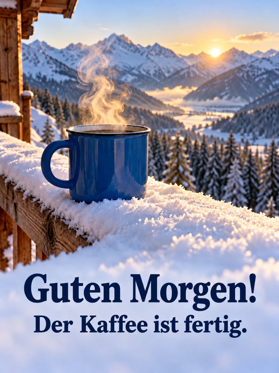 Guten-Morgen-Bild mit dem Text „Guten Morgen!“ und „Der Kaffee ist fertig.“ – Motiv: Kaffeebecher, Berghütte, Schnee, Berge