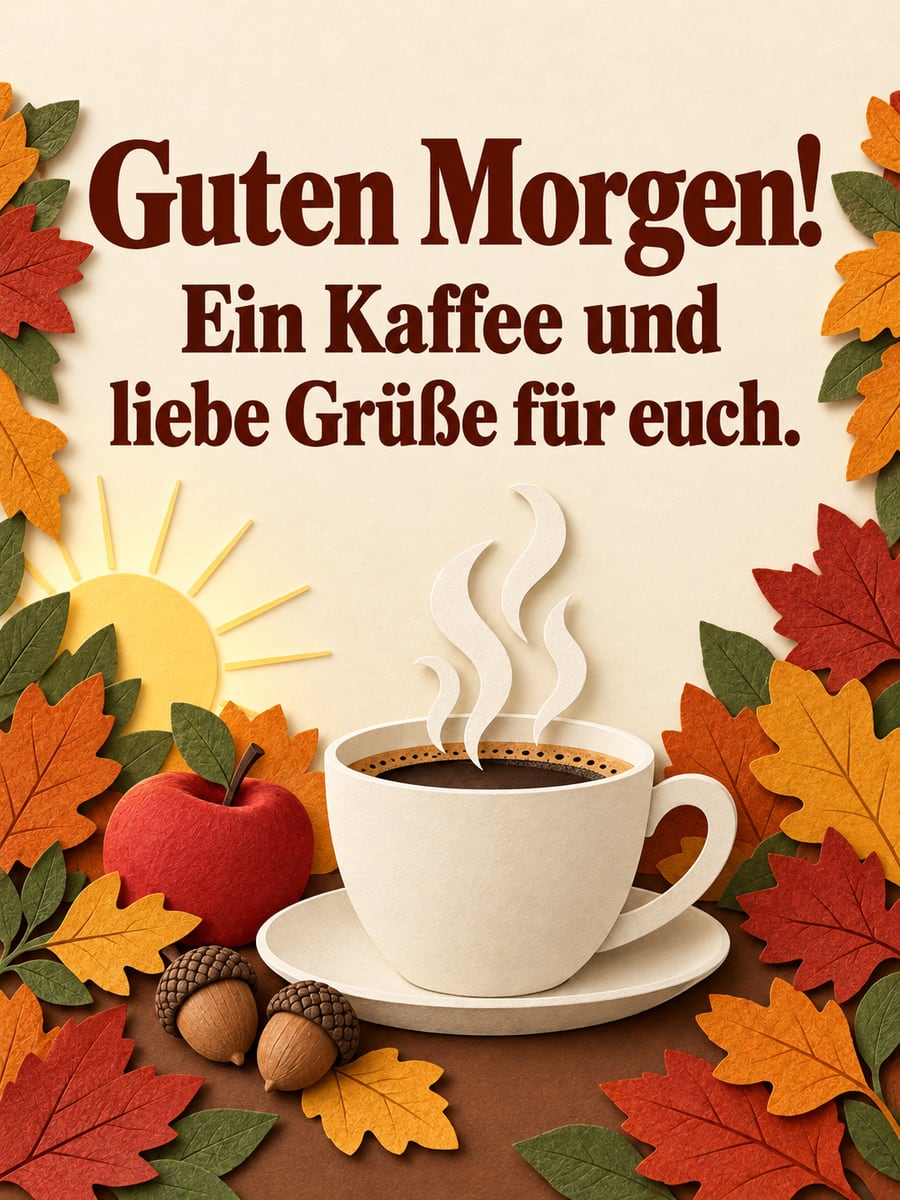 Guten-Morgen-Bild mit dem Text „Guten Morgen!“ und „Ein Kaffee und liebe Grüße für euch.“ – Motiv: Kaffeetasse, Herbstlaub, Eicheln, Apfel, Scherenschnitt