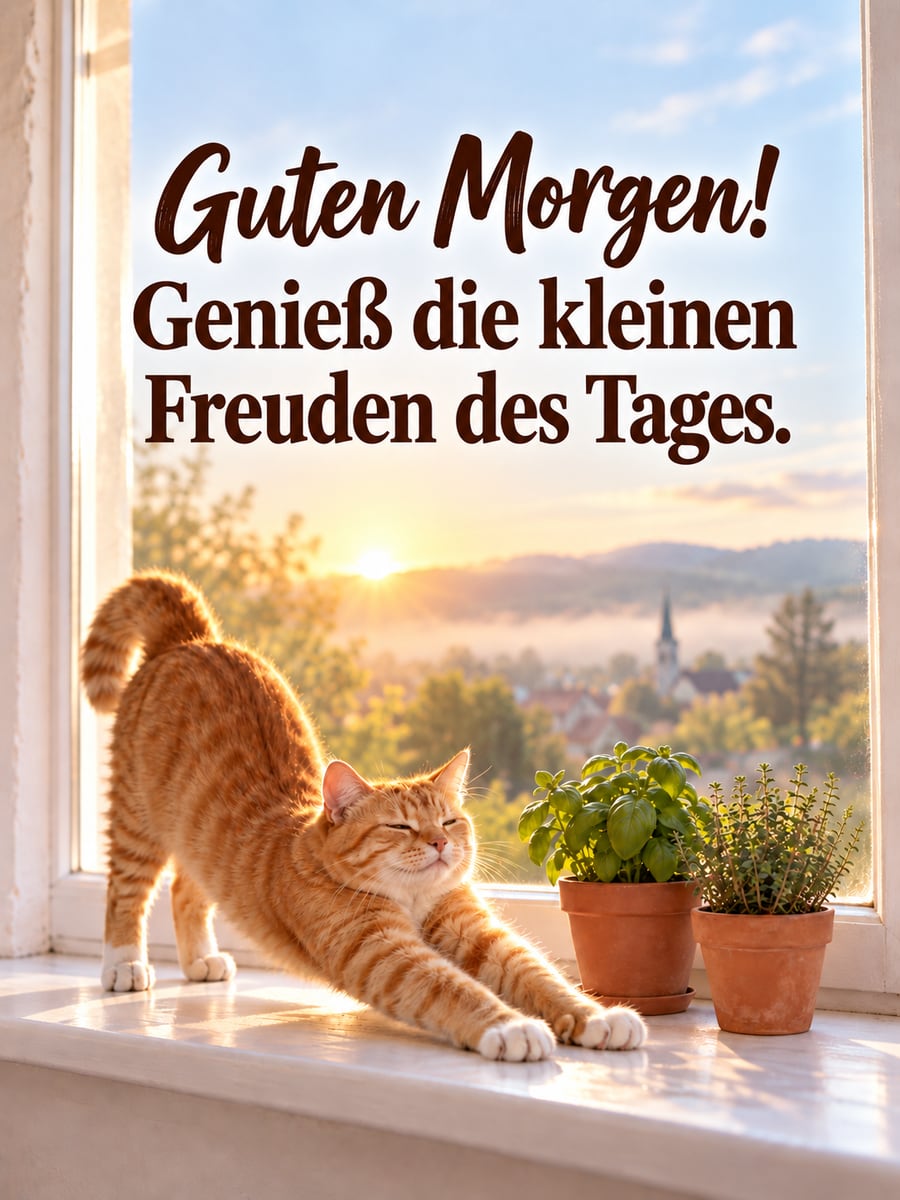 Guten-Morgen-Bild mit dem Text „Guten Morgen!“ und „Genieß die kleinen Freuden des Tages.“ – Motiv: Katze, Fensterbank, Kräutertöpfe, Morgensonne