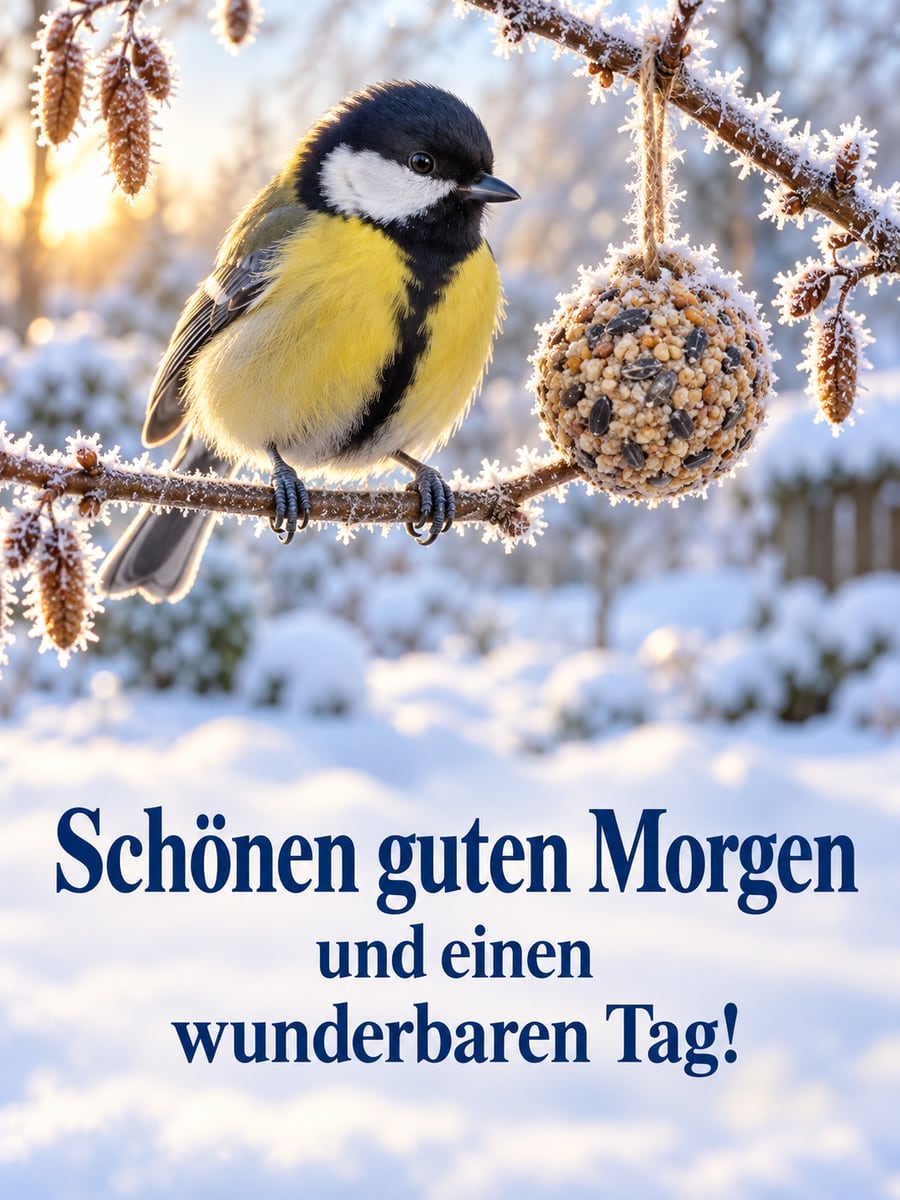 Guten-Morgen-Bild mit dem Text „Schönen guten Morgen und einen wunderbaren Tag!“ – Motiv: Kohlmeise, Raureif, Meisenknödel, Wintergarten