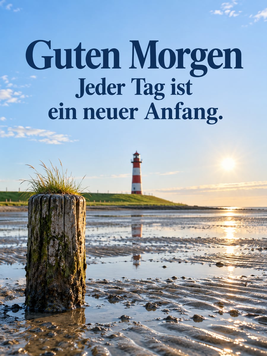 Guten-Morgen-Bild mit dem Text „Guten Morgen“ und „Jeder Tag ist ein neuer Anfang.“ – Motiv: Leuchtturm, Watt, Deich, Sonnenaufgang