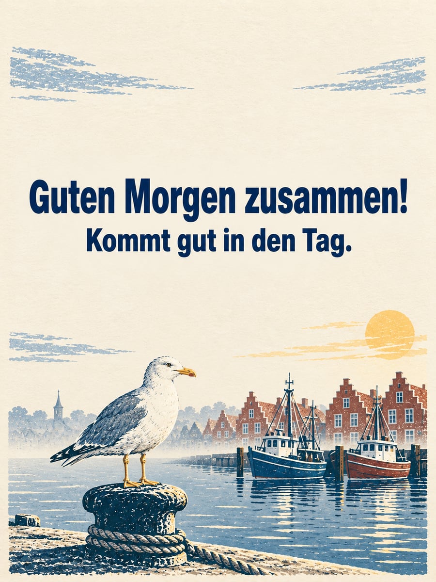Guten-Morgen-Bild mit dem Text „Guten Morgen zusammen!“ und „Kommt gut in den Tag.“ – Motiv: Möwe, Poller, Hafen, Fischkutter, Giebelhäuser