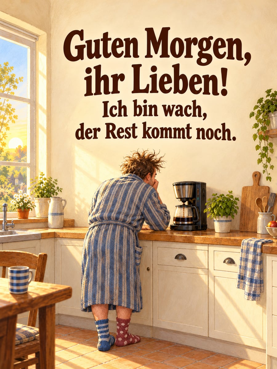 Guten-Morgen-Bild mit dem Text „Guten Morgen, ihr Lieben!“ und „Ich bin wach, der Rest kommt noch.“ – Motiv: Morgenmuffel, Morgenmantel, Kaffeemaschine, Küche