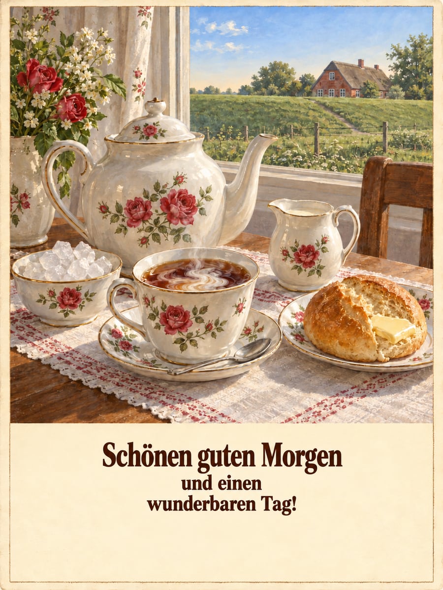 Guten-Morgen-Bild mit dem Text „Schönen guten Morgen und einen wunderbaren Tag!“ – Motiv: Ostfriesentee, Kluntje, Sahne, Teetasse, Brötchen, Deich