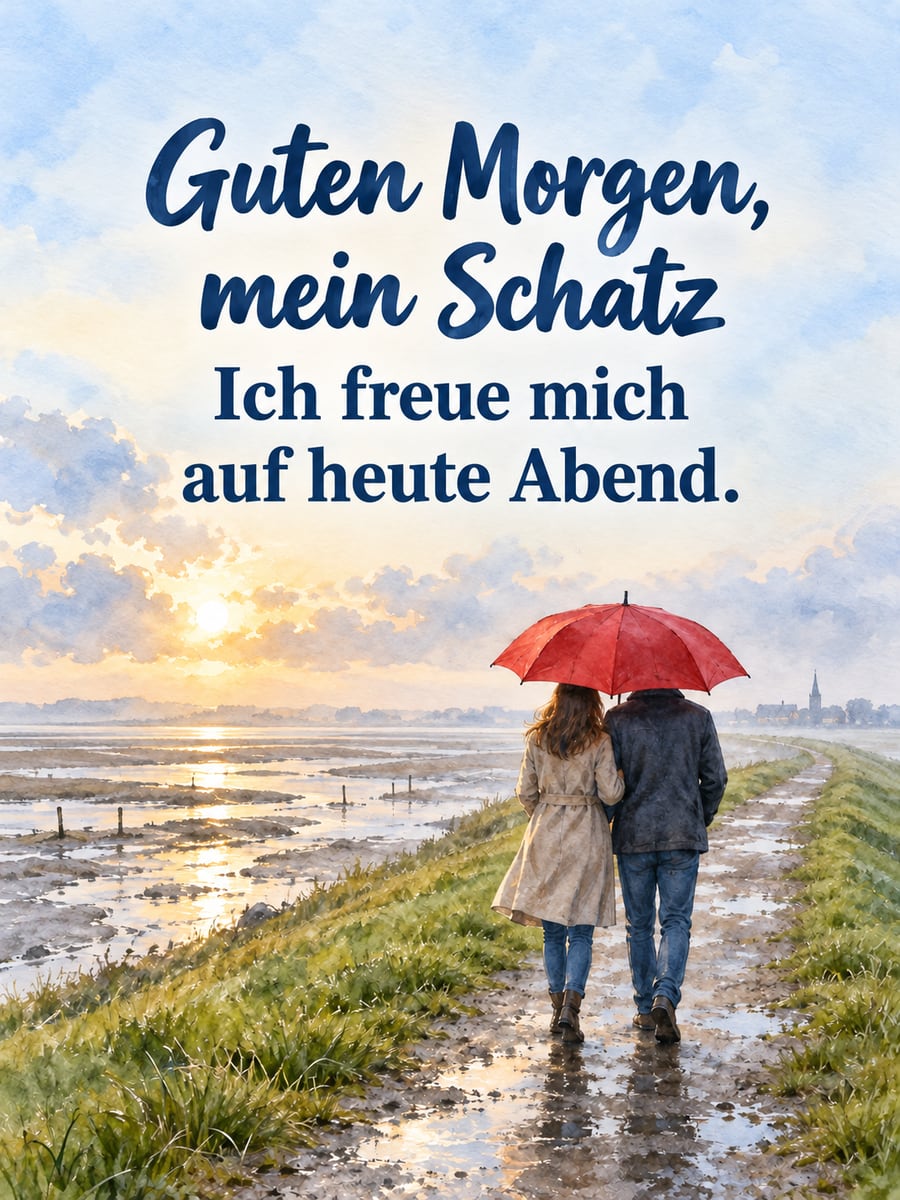 Guten-Morgen-Bild mit dem Text „Guten Morgen, mein Schatz“ und „Ich freue mich auf heute Abend.“ – Motiv: Paar, Regenschirm, Deich, Watt, Nieselregen