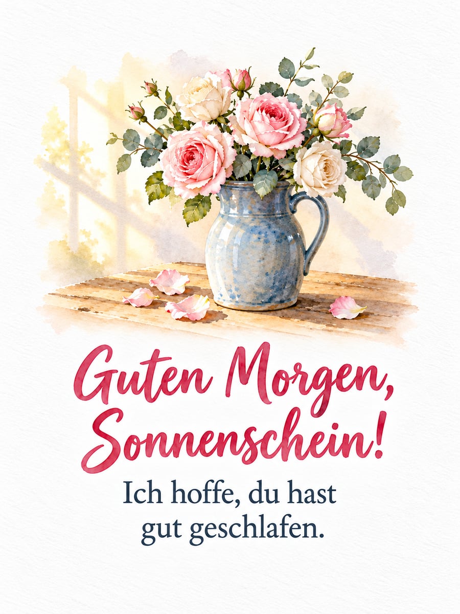 Guten-Morgen-Bild mit dem Text „Guten Morgen, Sonnenschein!“ und „Ich hoffe, du hast gut geschlafen.“ – Motiv: Rosen, Krug, Eukalyptus, Küchentisch, Morgenlicht